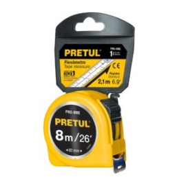 Flexómetro, amarillo, 8m, cinta 25 mm, Pretul, tarjeta plástica