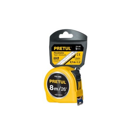 Flexómetro, amarillo, 8m, cinta 25 mm, Pretul, tarjeta plástica