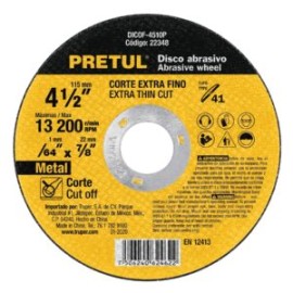 Disco para Corte Fino de Metal Tipo 41 de 4-1/2″ 1.0mm DICOF-4510P PRETUL